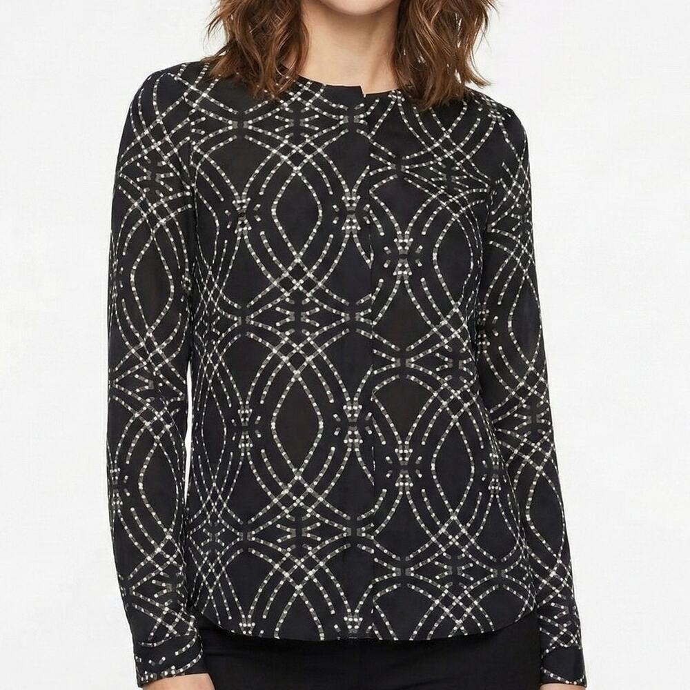 Eva Longoria Womens XS Black White Pattern Long Sleeve Polyester Blouse